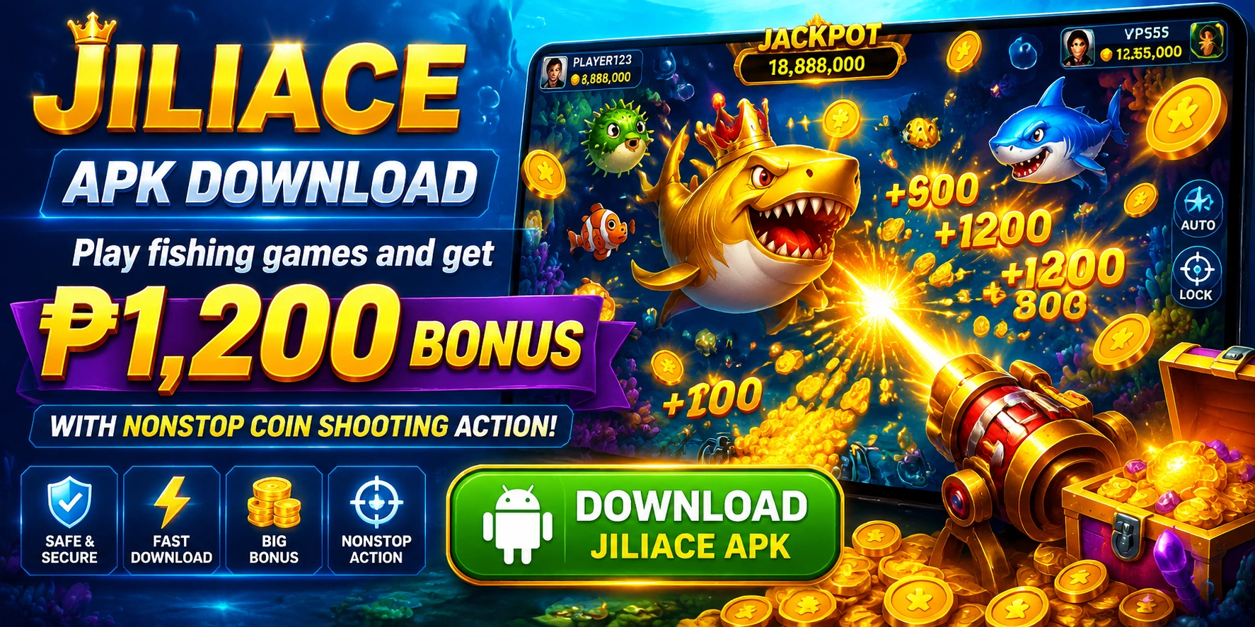 Bright fishing game scene with arcade-style action